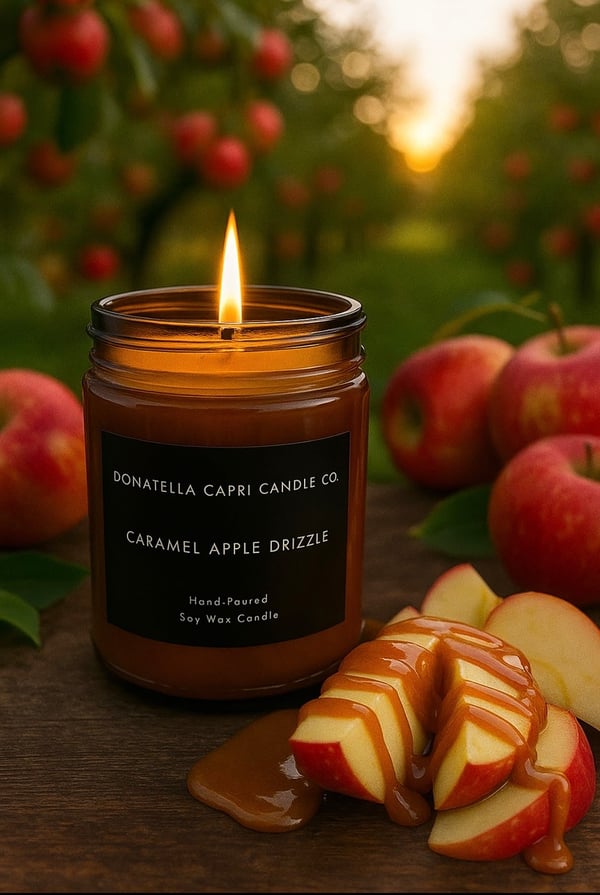 A caramel apple scented candle with sliced apples and caramel drizzle on a wooden surface.