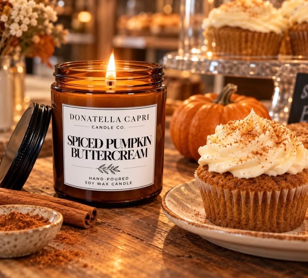 A lit amber candle beside a pumpkin cupcake on a wooden table.