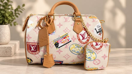 Louis Vuitton handbag with colorful patches and matching pouch on a wooden surface.