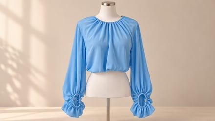 Light blue blouse with puffed sleeves on a mannequin.