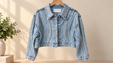 Studded denim crop jacket on a wooden hanger against a beige wall.