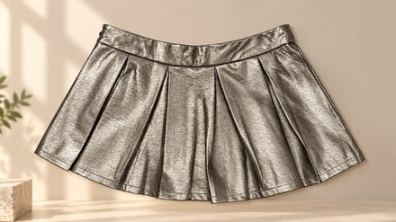 Shiny silver pleated skirt displayed on a wooden surface.