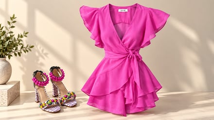 Fuchsia dress and beaded heels on a sunlit studio floor with a potted plant.