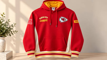 Red Kansas City Chiefs hoodie with yellow and cream accents displayed on a wooden surface.