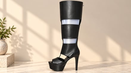 Tall black platform boot with reflective stripes standing alone.