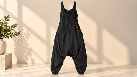 Black denim dungaree jumpsuit on a mannequin in a sunlit room.