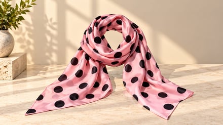 Pink polka-dot scarf draped on a marble surface with soft sunlight.