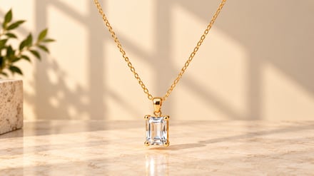A gold chain necklace with a clear emerald-cut stone pendant on a marble surface.
