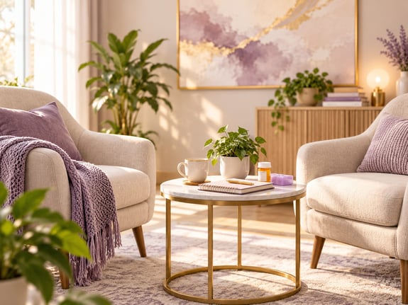 Cozy living room with two armchairs, coffee table, and indoor plants.