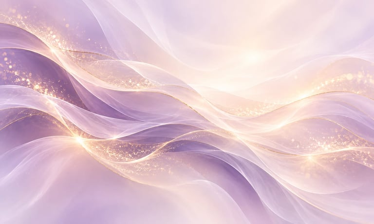 Soft glowing waves of lavender and gold with sparkling particles.