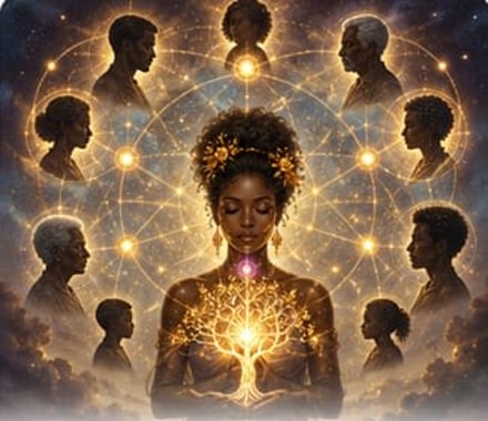 A woman with glowing tree in hands surrounded by silhouettes in cosmic web