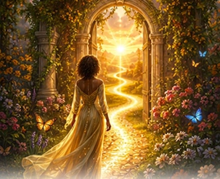 A woman in a flowing gown walks through a garden arch toward a glowing path.