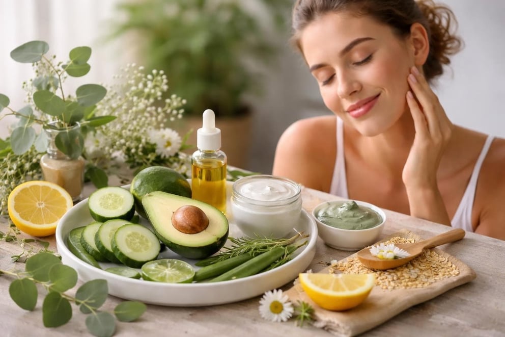 Woman applying natural skincare with fresh ingredients on wooden table.