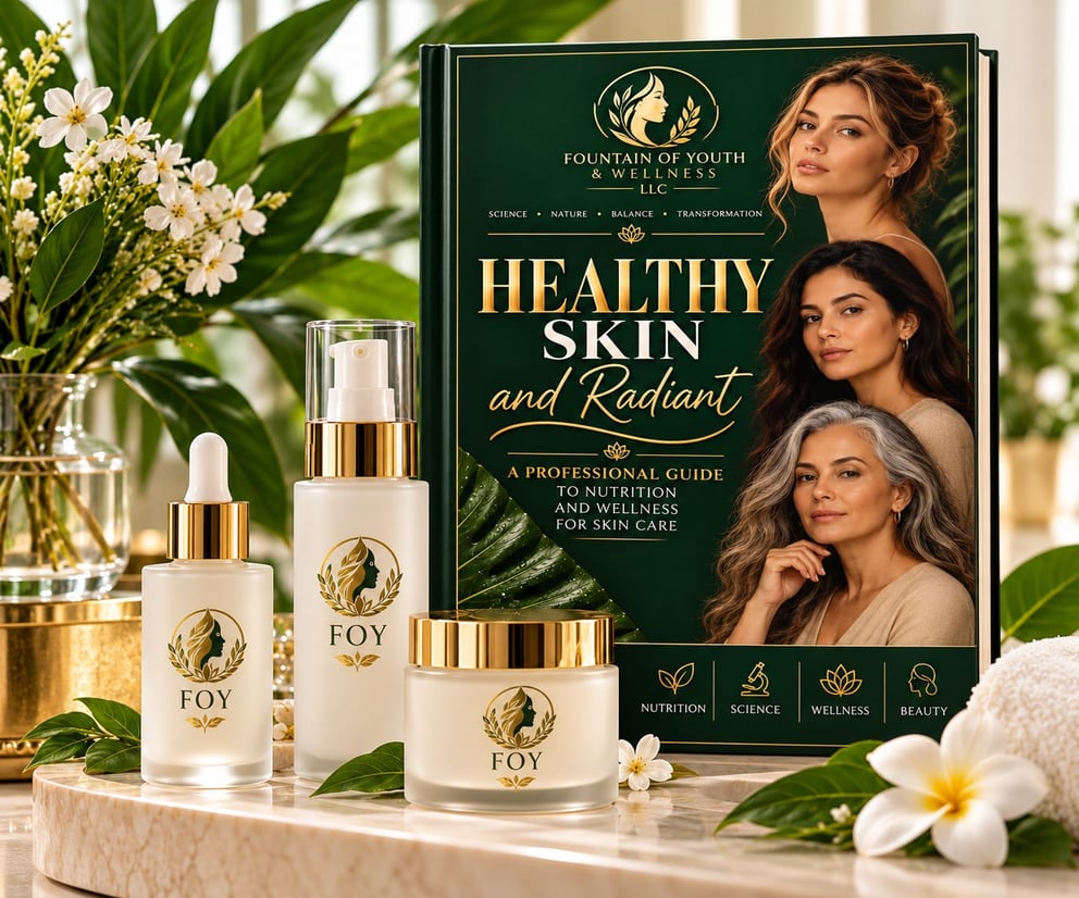 A skincare brand's product display with a guidebook and fresh flowers.