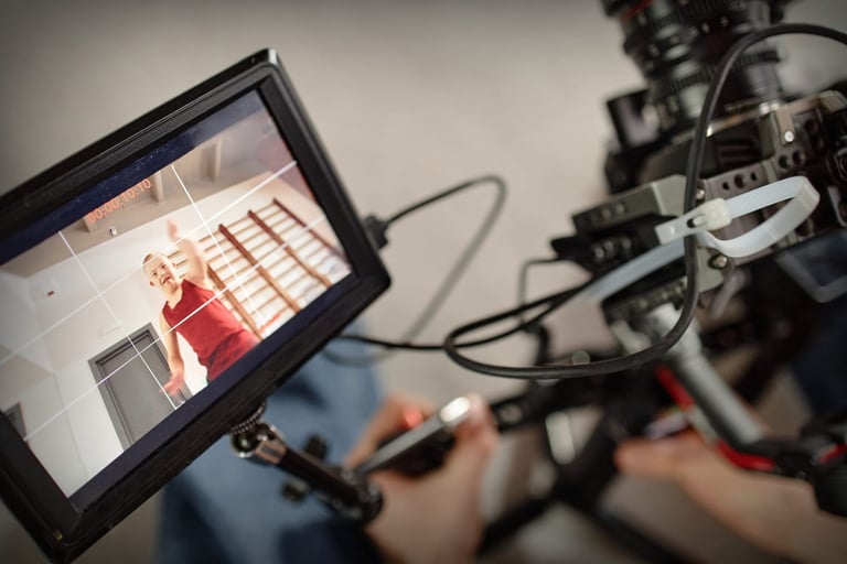 A filmmaker shoots a woman in a red top on a staircase, seen through a monitor.