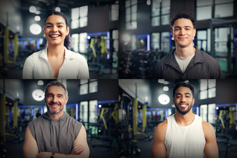 Four diverse people smiling at camera in gym