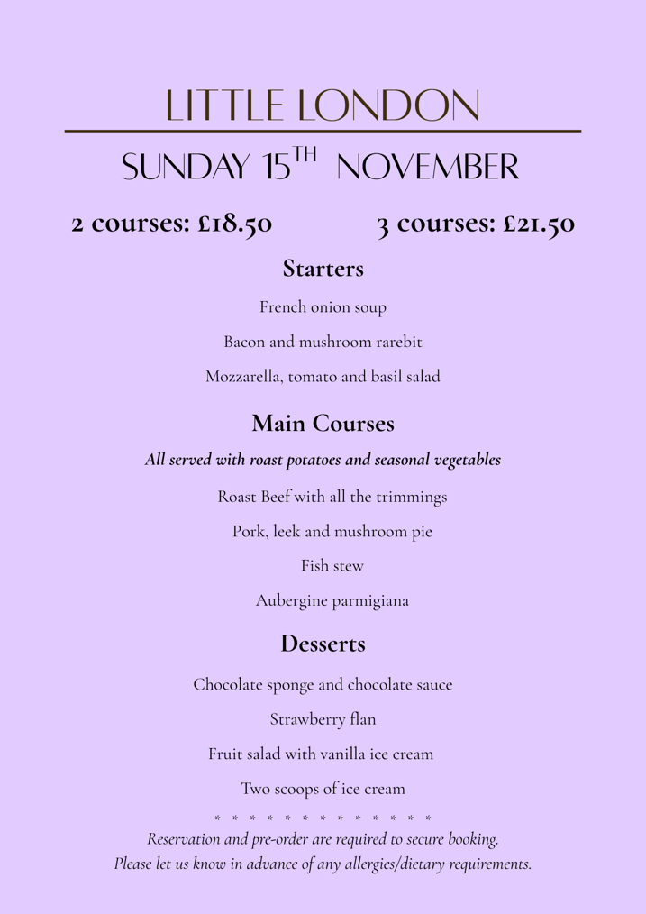 A menu for a restaurant event on a specific date with course options and prices.