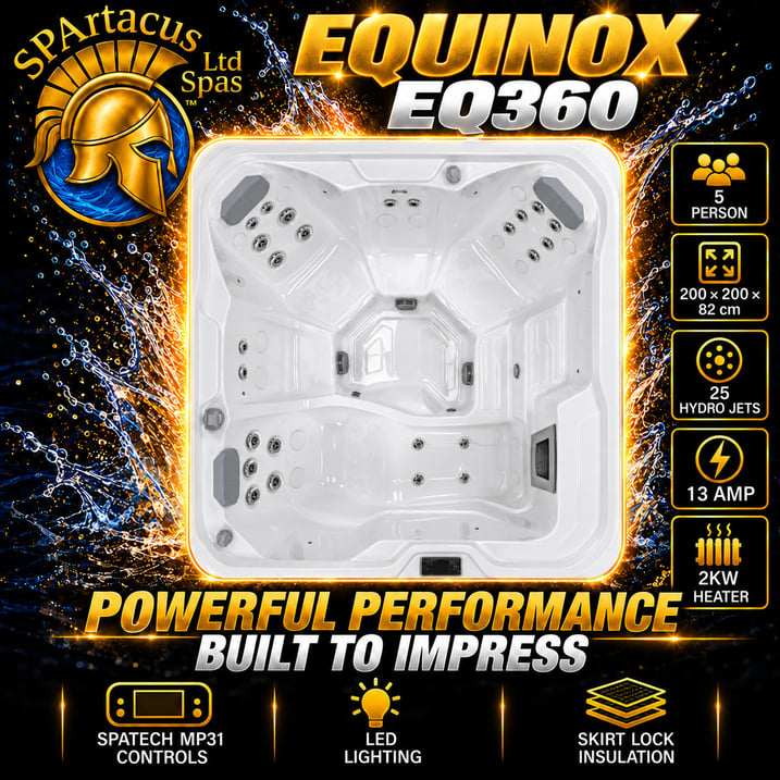 White hot tub with jet features and specs displayed on a dynamic background.