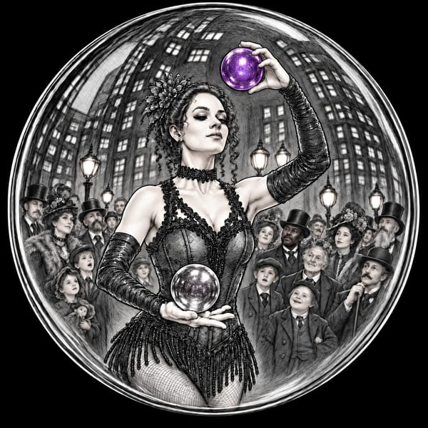 A fortune teller in a corset holds a crystal ball and a purple orb.