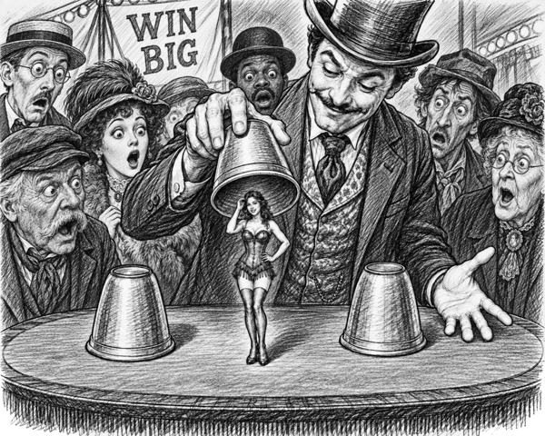 A magician reveals a tiny woman under a bell while a crowd gasps.