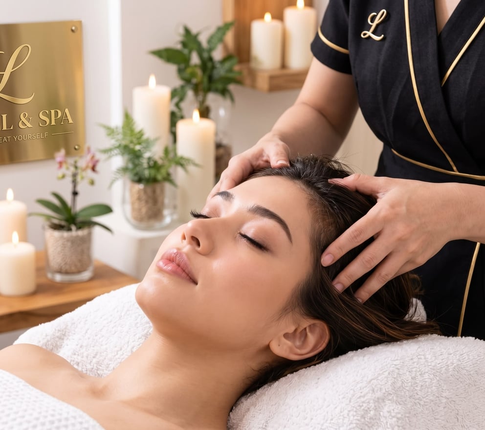 A woman receiving a head massage at a spa with candles and plants.