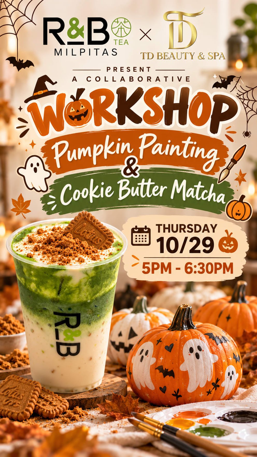 A festive Halloween-themed drink and craft workshop poster with pumpkins and cookies.