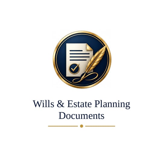 Logo for estate planning services with document and quill icon.