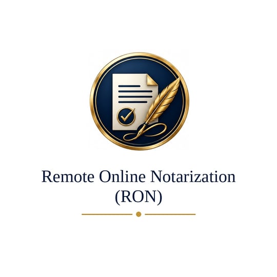 Logo for remote online notarization service with document and quill icon.