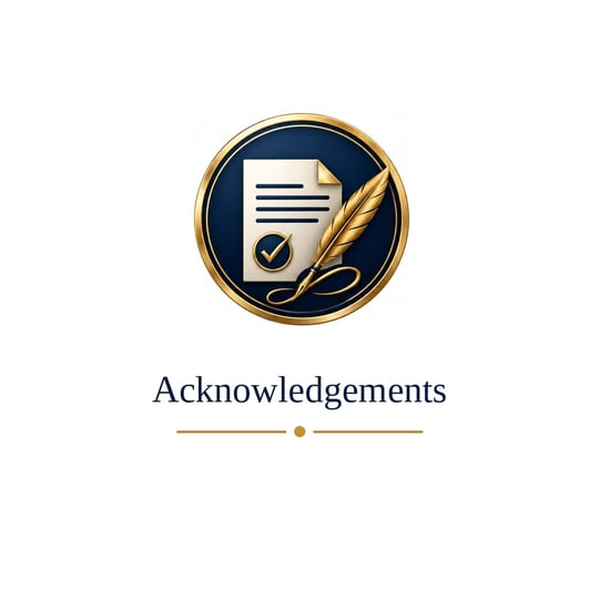 A circular emblem with a document and quill, labeled 'Acknowledgements'
