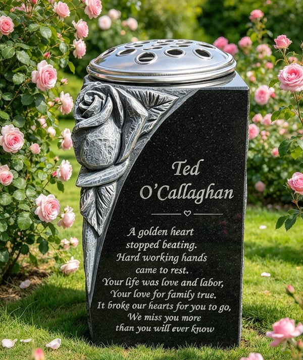 Gravestone with engraved poem and rose carving in garden