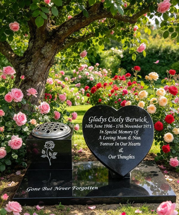 Heart-shaped memorial stone with engraved tribute surrounded by blooming roses.