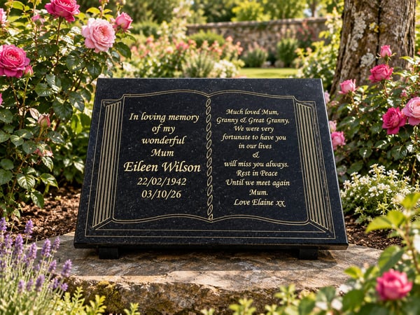 Gravestone memorial in garden with engraved tribute and roses