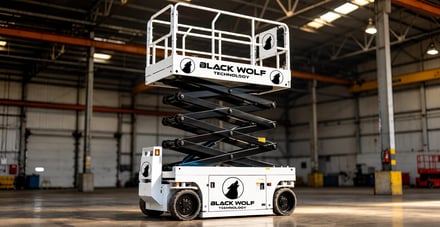 White scissor lift in a large industrial warehouse with 'Black Wolf Technology' branding.