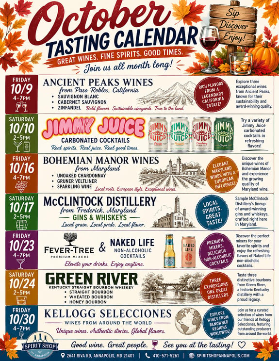 October wine and spirit tasting calendar poster with event details and brand logos