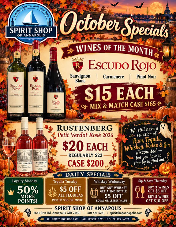 A wine and spirits store's October specials poster with pumpkins and autumn leaves.