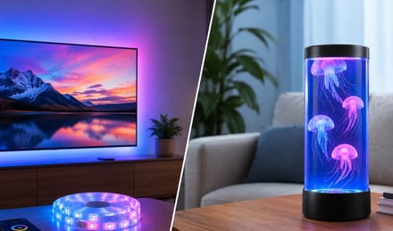 A split-screen showing a TV displaying a mountain sunset and a jellyfish tank on a wooden table.