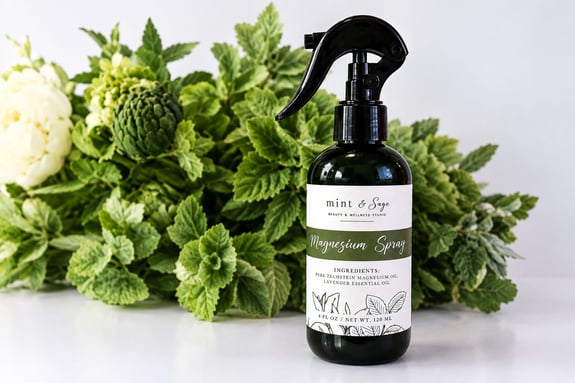 A dark glass spray bottle with botanical label surrounded by fresh greenery.