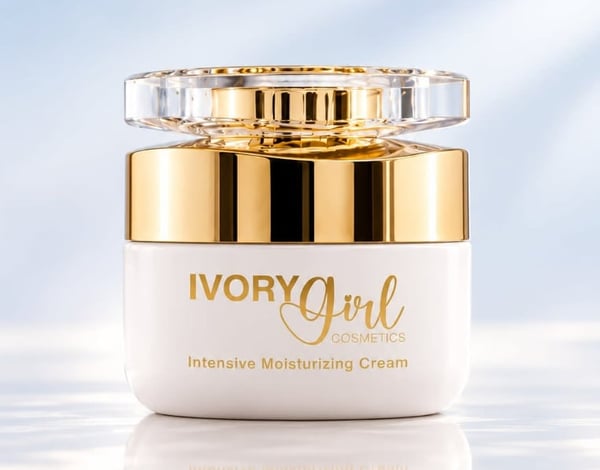 Luxury skincare cream in a gold and white jar with elegant branding.
