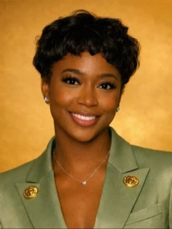 Professional headshot of a smiling woman in a green blazer with gold buttons.