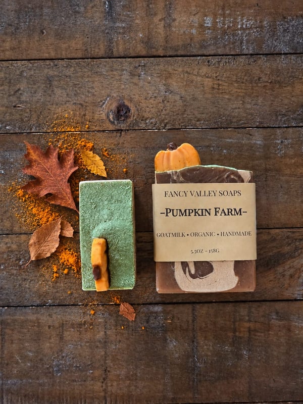 Two autumn-themed soaps on rustic wood with fall leaves and spice dust.