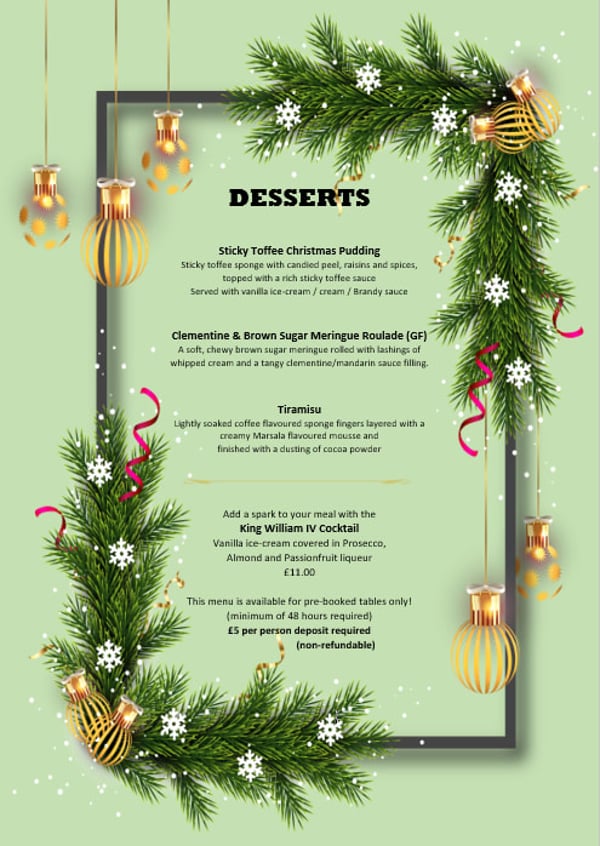 Festive dessert menu framed by pine branches and hanging ornaments
