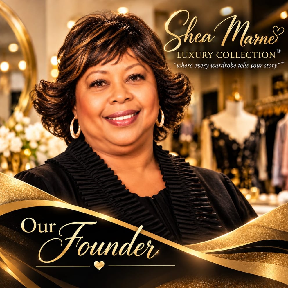 Smiling woman in black top with gold text overlay in boutique setting
