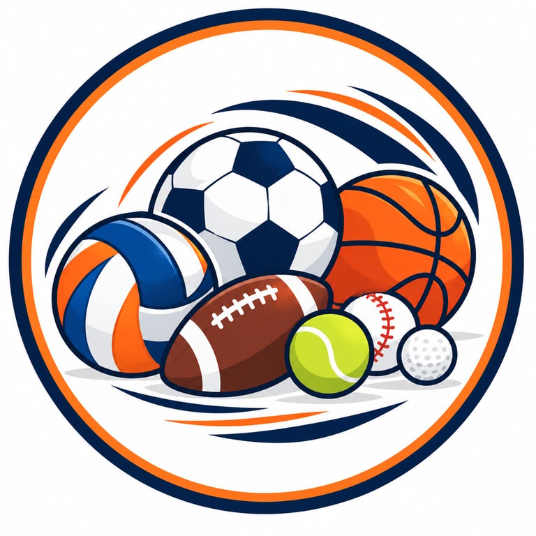 A circular logo with seven sports balls arranged dynamically.