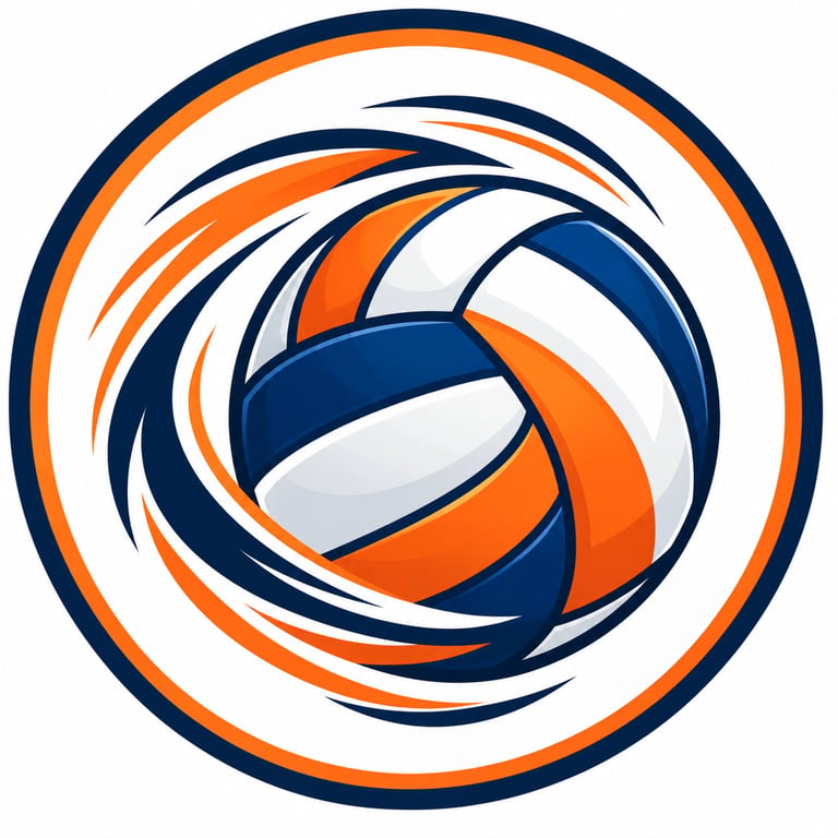A stylized volleyball logo with swirling motion lines in a circular frame.