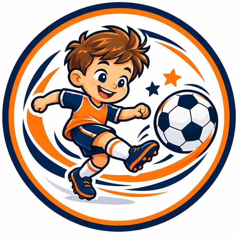 Cartoon boy kicking soccer ball in circular logo design