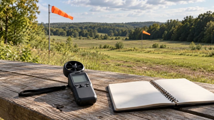 An anemometer and notebook on a wooden table overlooking a grassy field with orange windsocks.