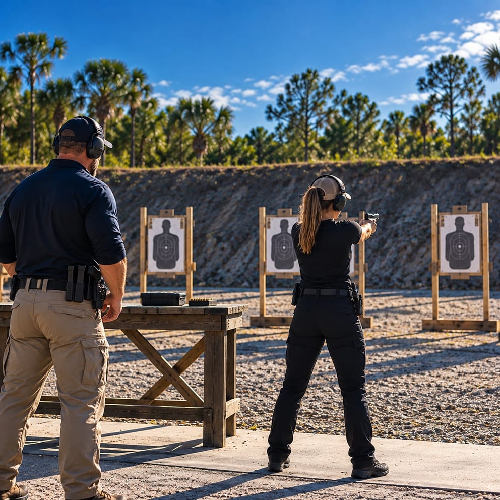 Two people at an outdoor shooting range with targets and a wooden table.