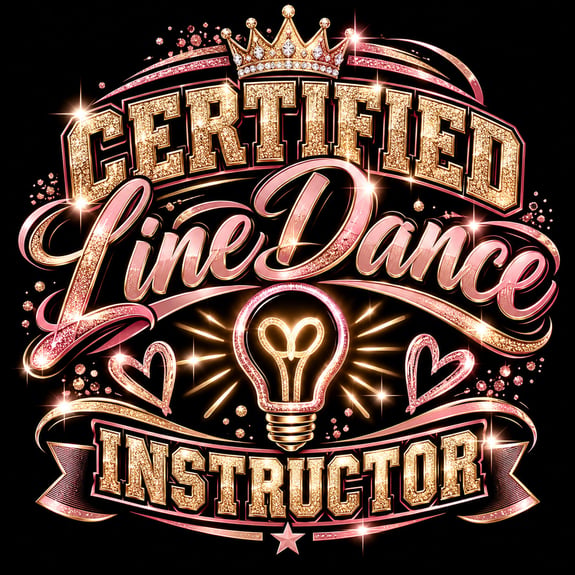 Glittery logo for a certified line dance instructor with crown and lightbulb.