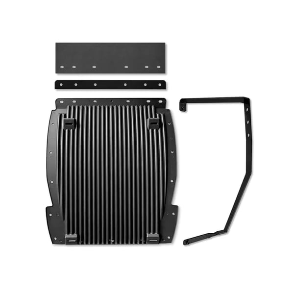 Black metal radiator core and mounting brackets laid out on white background.