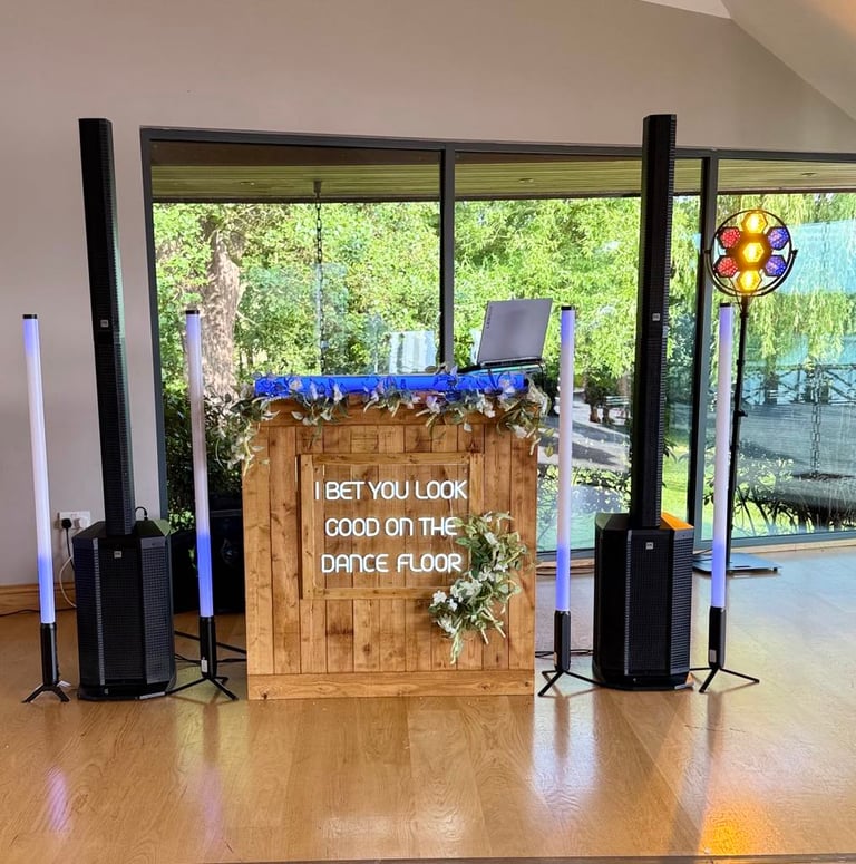 Rustic DJ setup at The Boathouse in Ormesby, Norfolk, by Haliwaves DJ Wedding & Events, ready for a wedding celebration